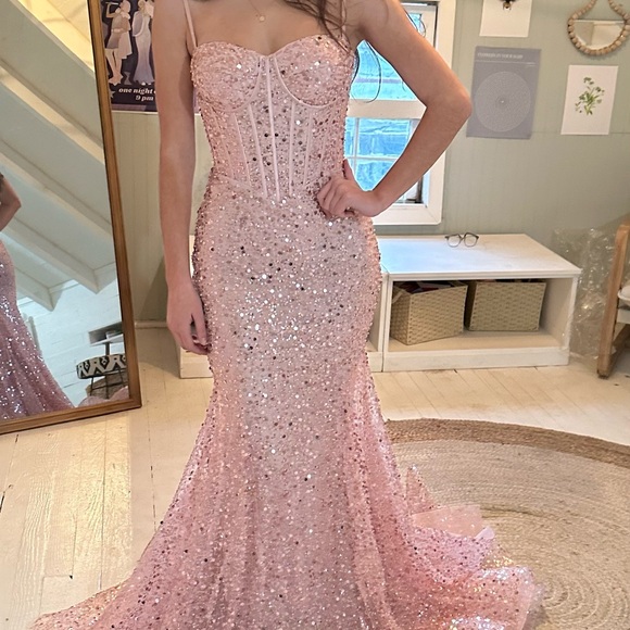 Portia and Scarlett 2023 Blush Pink Sequin Corset Prom Dressworn once